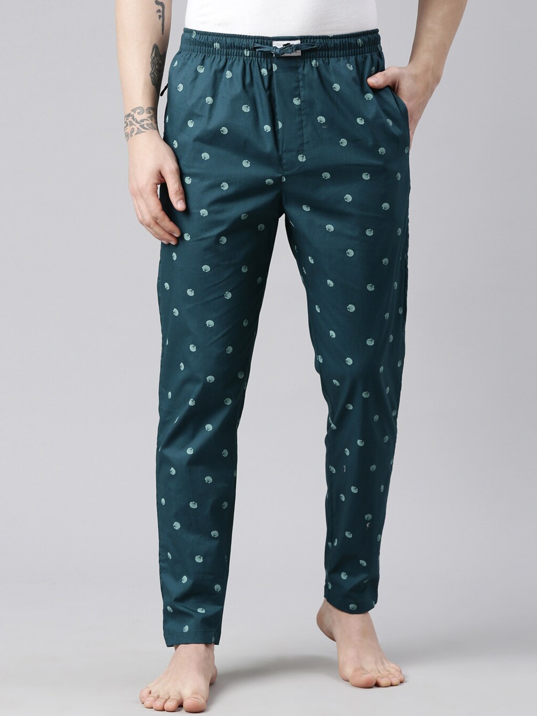 

Bushirt Men Teal Green Pure Cotton Drawstring Printed Lounge Pants