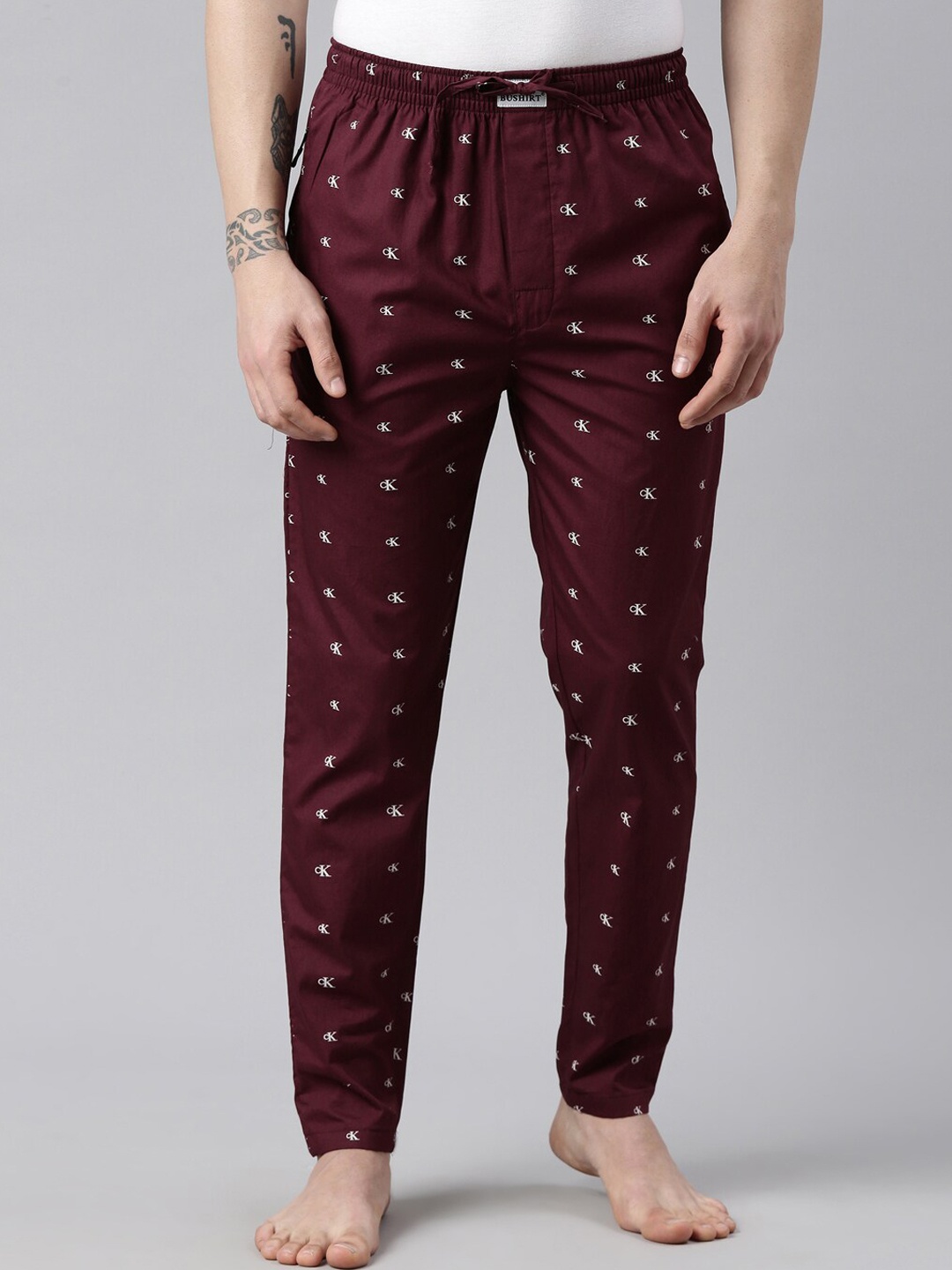 

Bushirt Men Burgundy Printed Pure Cotton Mid-Rise Drawstring Lounge Pants