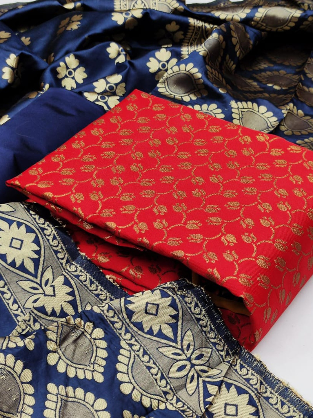 

MORLY Red & Blue Dupion Silk Unstitched Dress Material