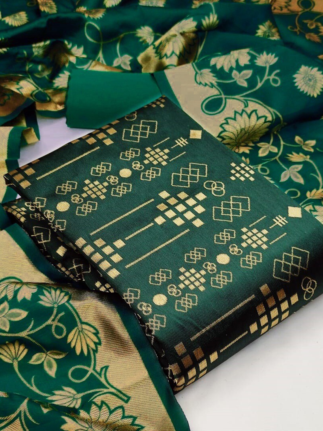 

MORLY Green & Gold-Toned Dupion Silk Unstitched Dress Material