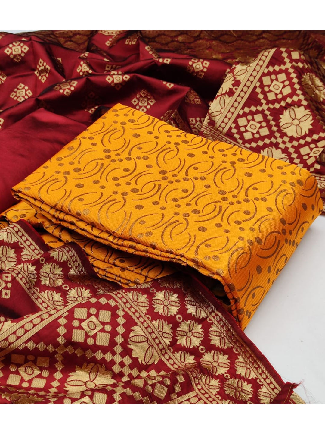 

MORLY Yellow & Red Dupion Silk Unstitched Dress Material