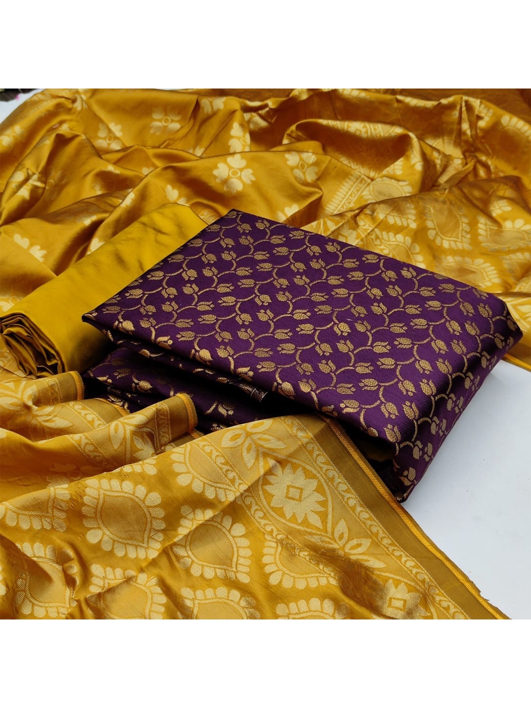 

MORLY Purple & Mustard Dupion Silk Unstitched Dress Material