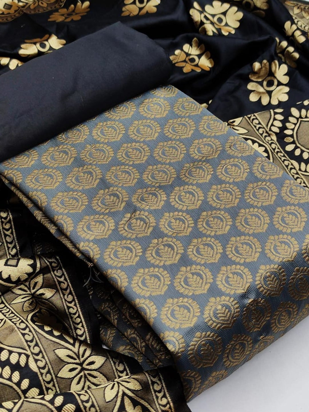 

MORLY Grey & Blue Dupion Silk Unstitched Dress Material