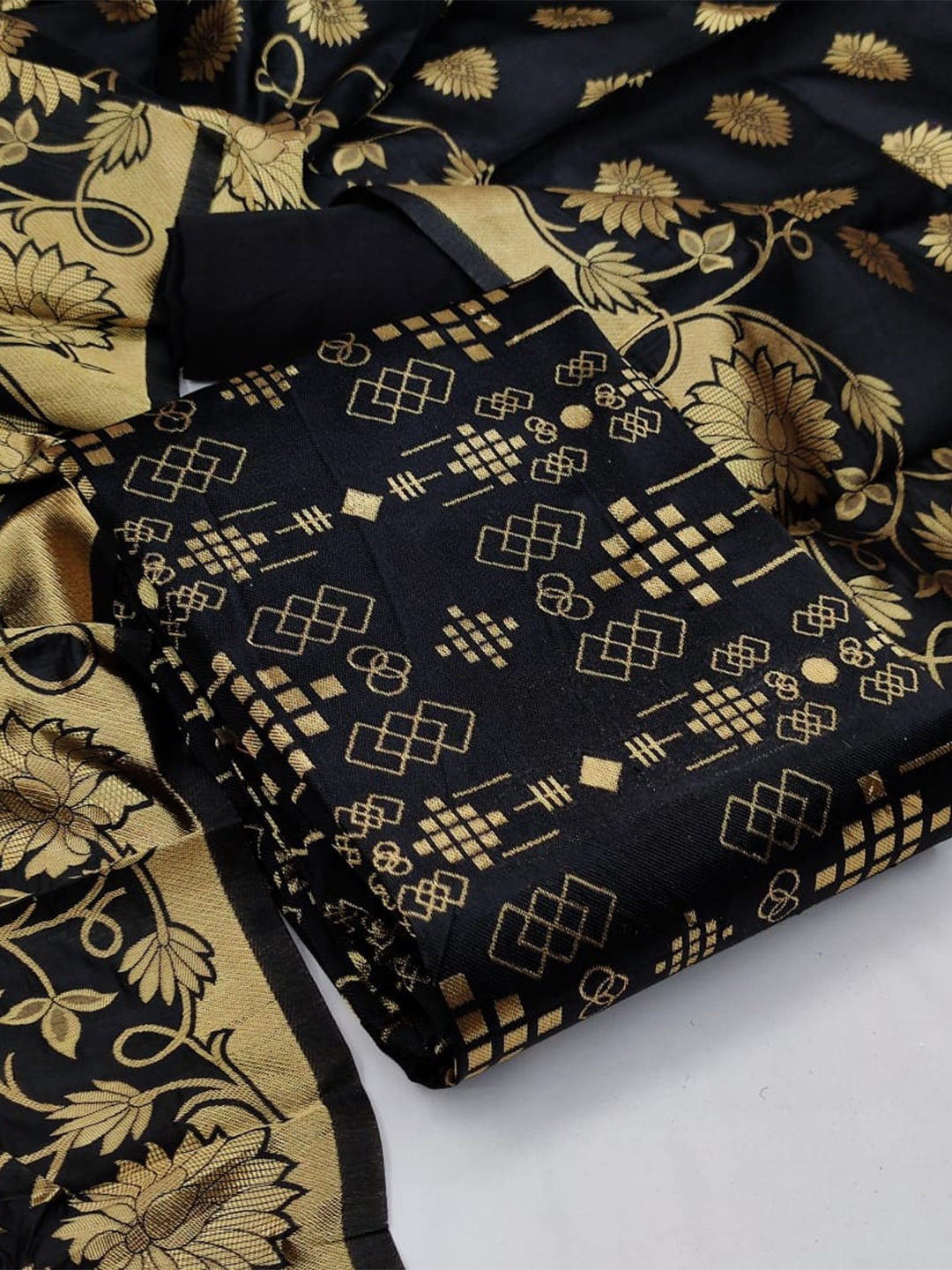 

MORLY Black & Gold-Toned Dupion Silk Unstitched Dress Material