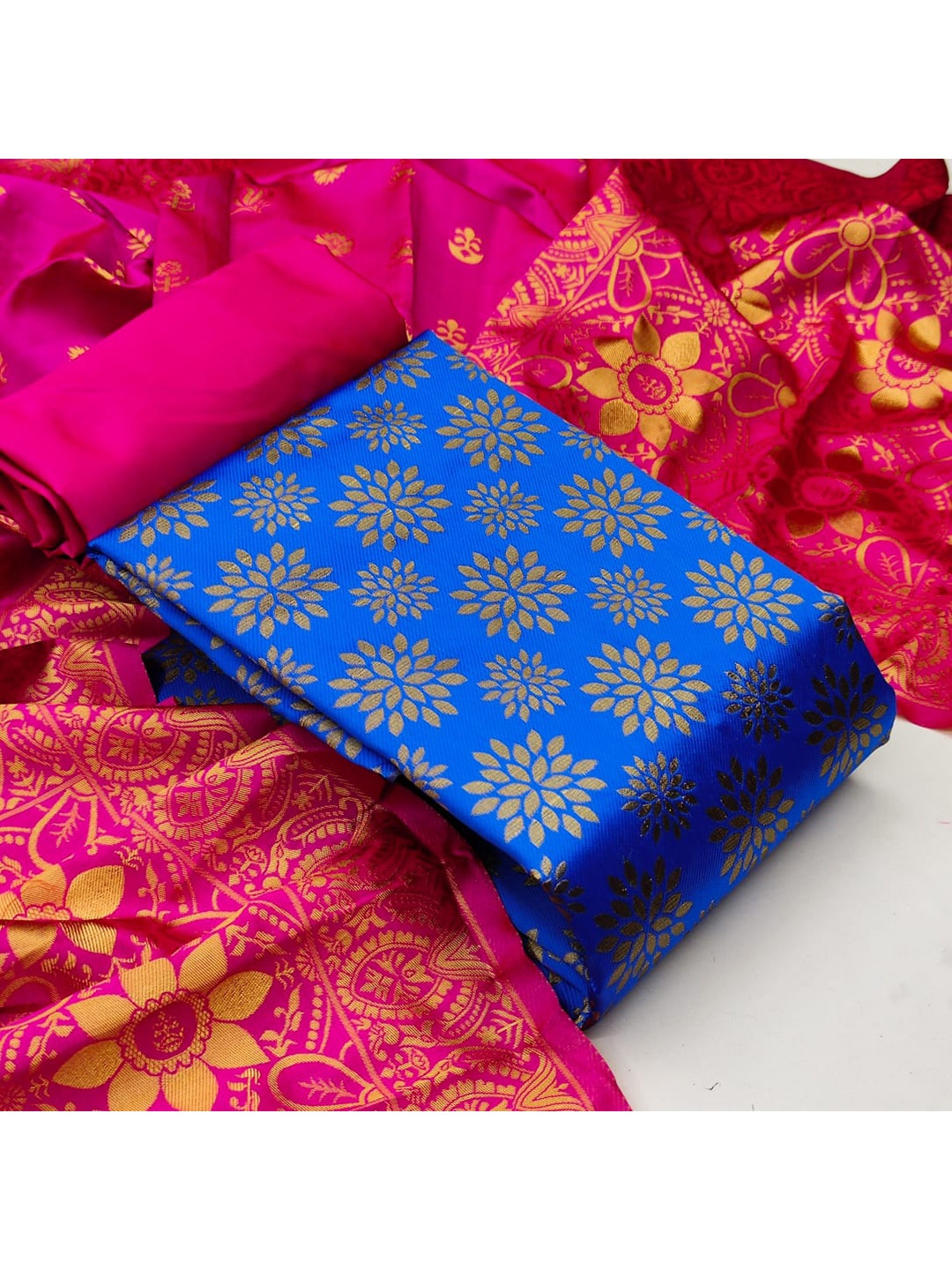 

MORLY Turquoise Blue & Pink Dupion Silk Unstitched Dress Material