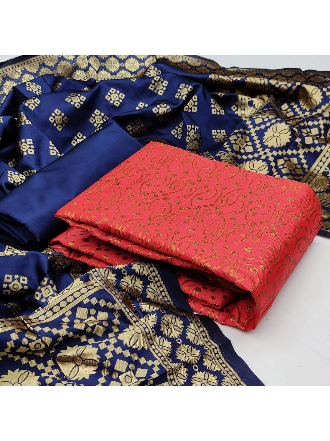 

MORLY Red & Blue Dupion Silk Unstitched Dress Material