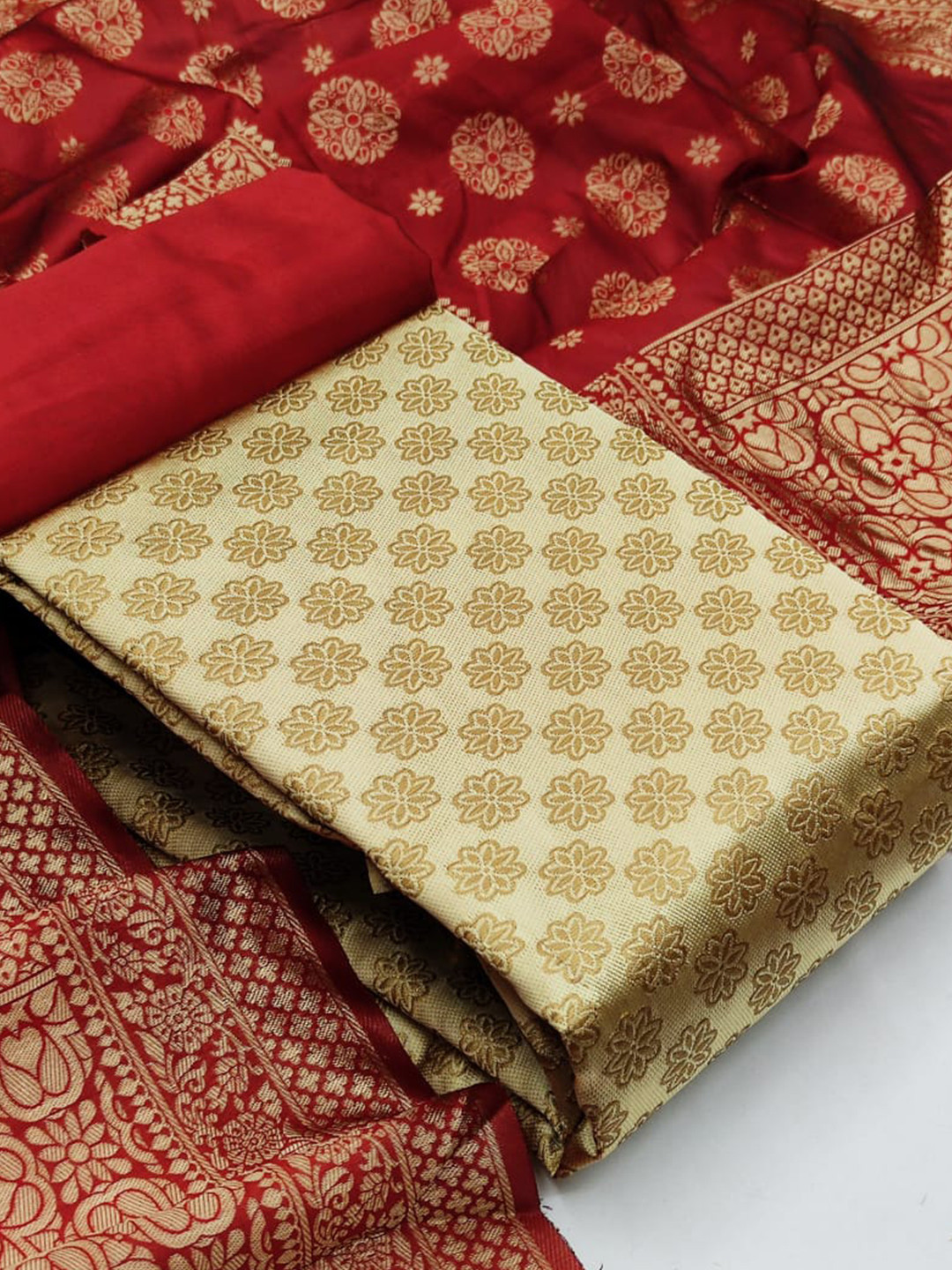 

MORLY Beige & Red Dupion Silk Unstitched Dress Material