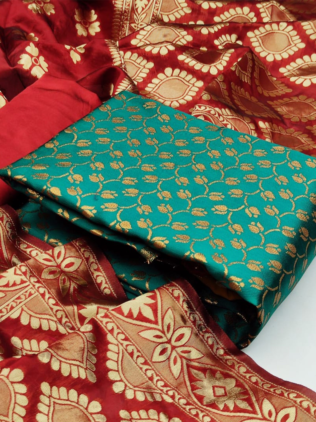 

MORLY Green & Red Dupion Silk Unstitched Dress Material
