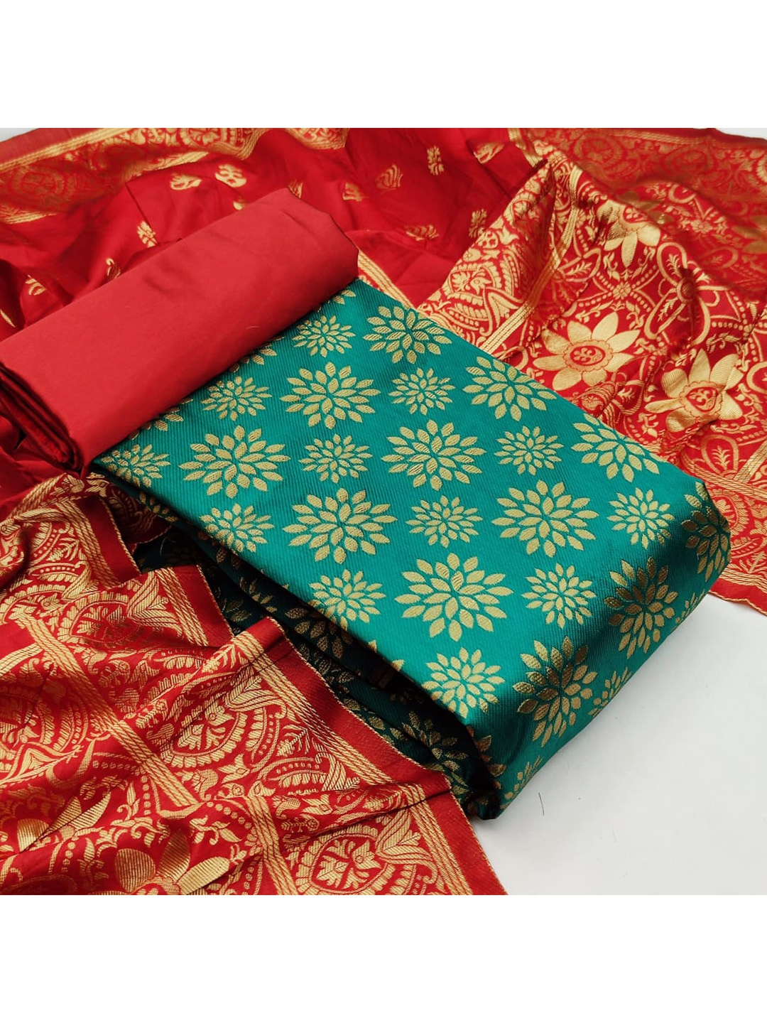 

MORLY Green & Red Dupion Silk Unstitched Dress Material