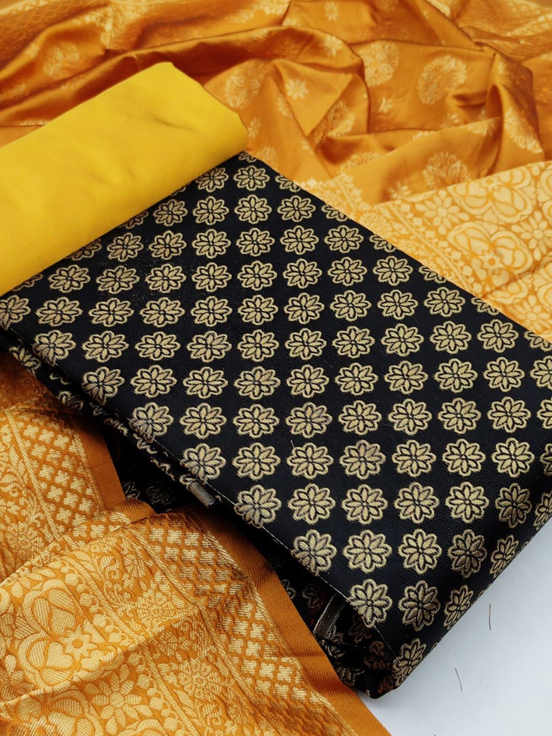 

MORLY Black & Yellow Dupion Silk Unstitched Dress Material