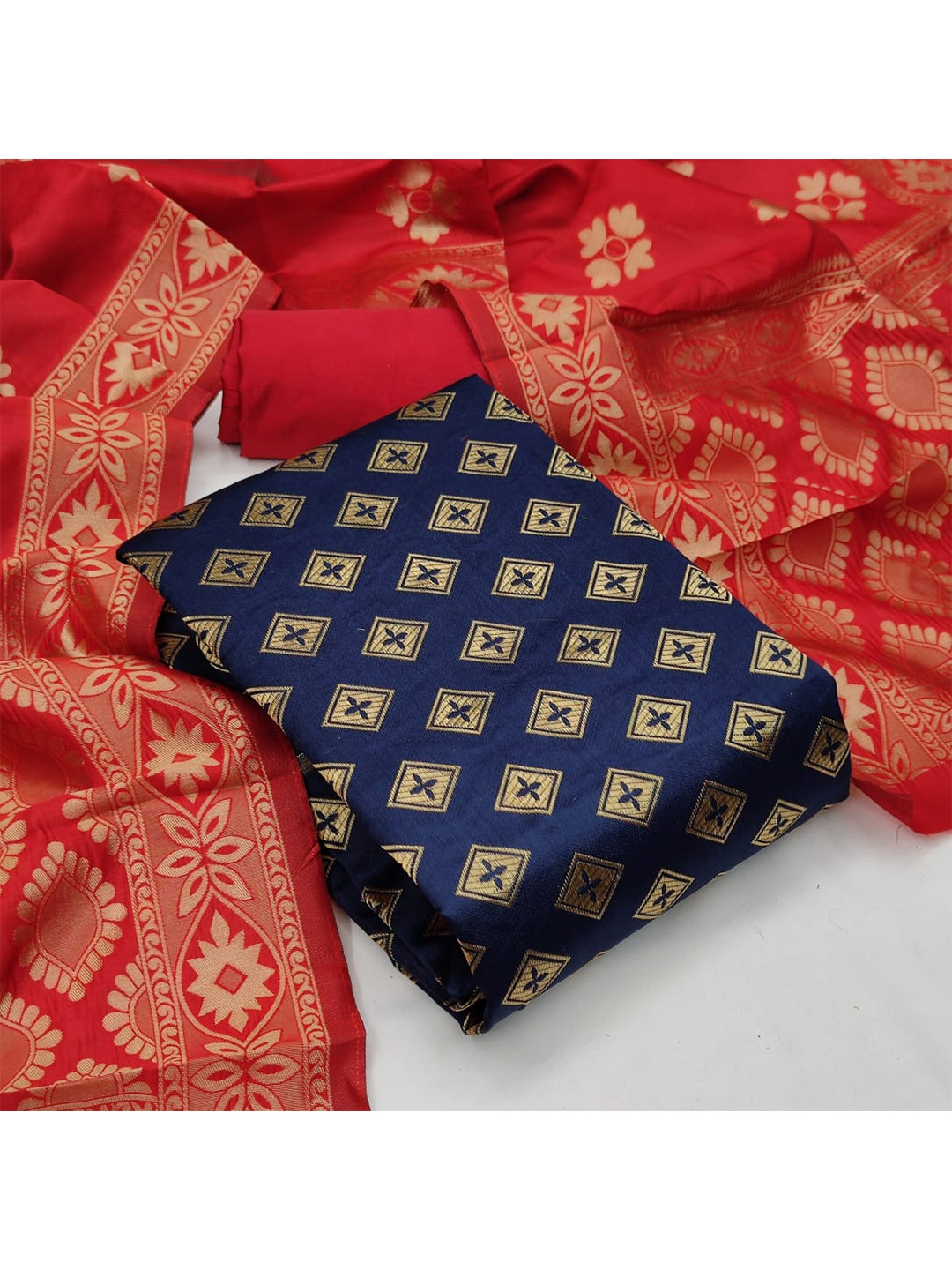 

MORLY Blue & Red Dupion Silk Unstitched Dress Material