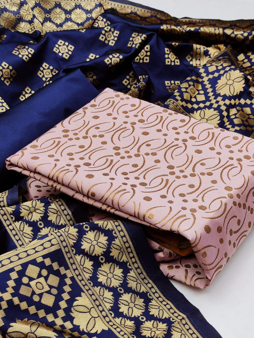 

MORLY Pink & Navy Blue Dupion Silk Unstitched Dress Material
