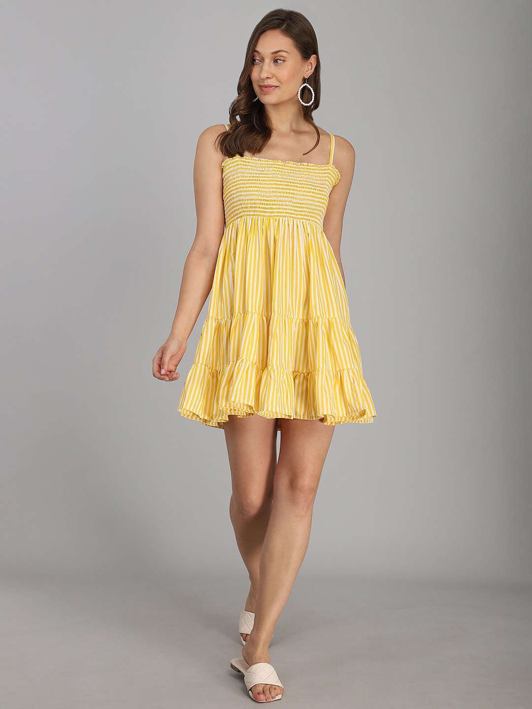 

B4ME.COM Yellow & White Striped Layered Empire Dress