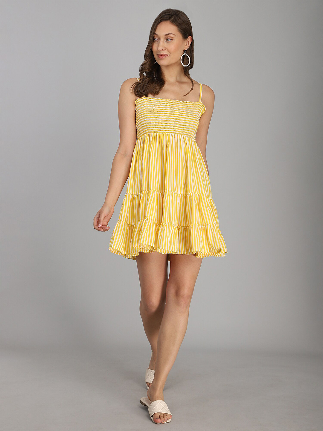 

B4ME.COM Yellow & White Striped Layered Empire Dress