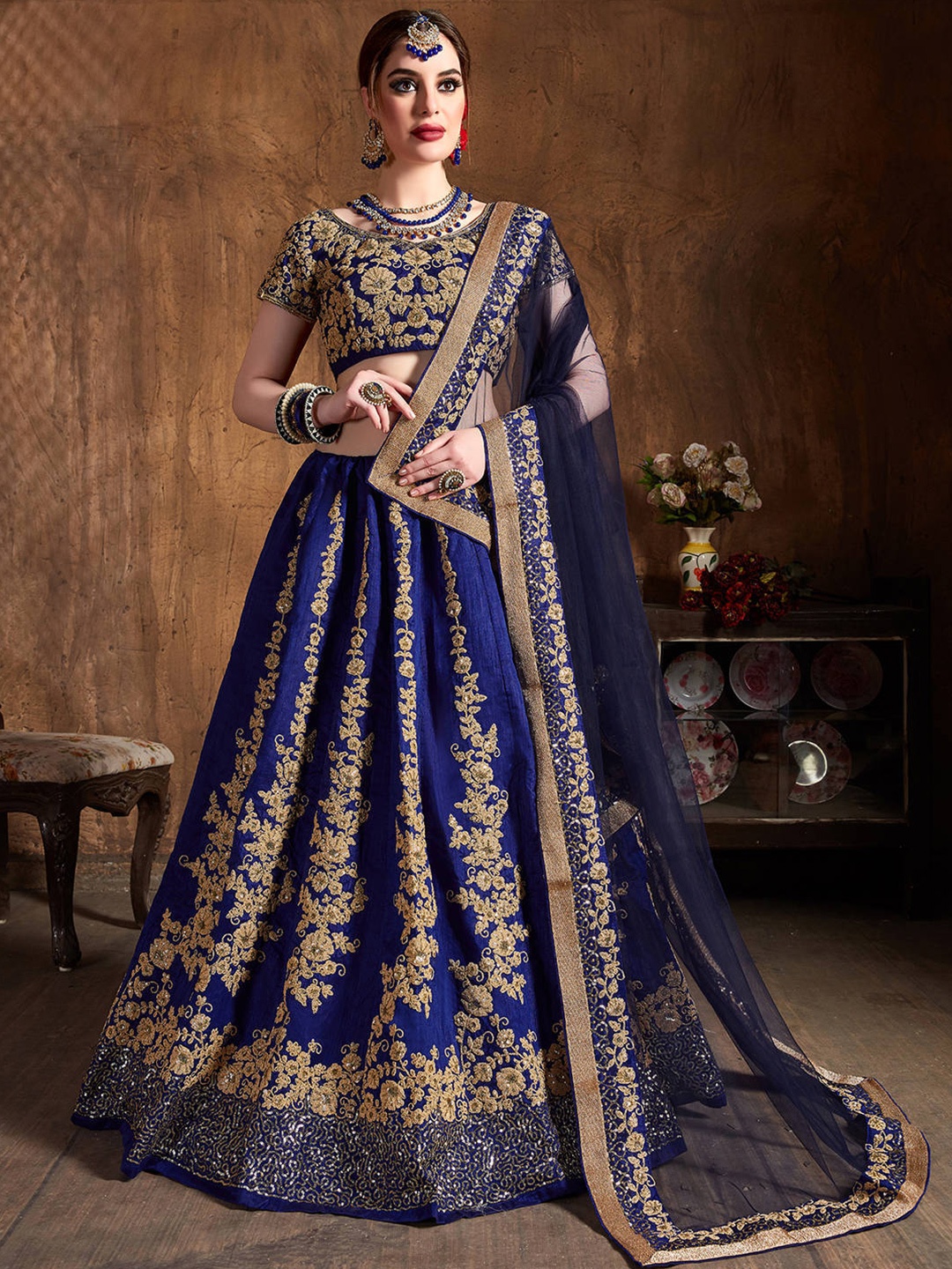 

FABPIXEL Navy Blue & Gold-Toned Embroidered Semi-Stitched Lehenga Choli