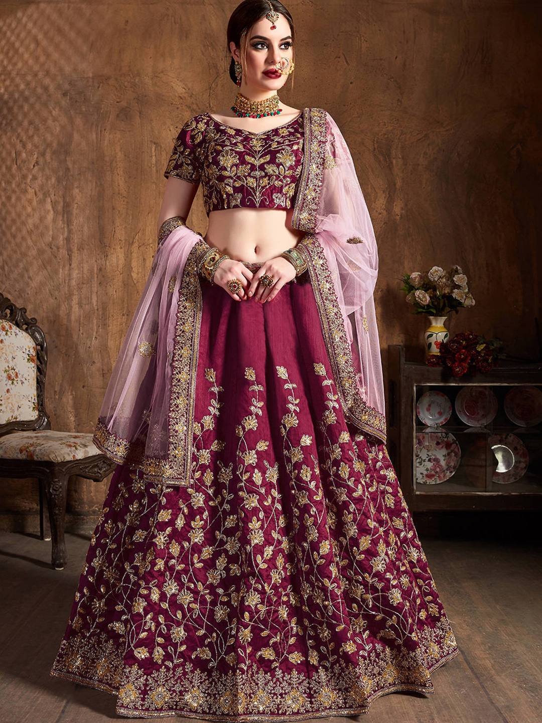 

FABPIXEL Maroon & Gold-Toned Embroidered Semi-Stitched Lehenga & Unstitched Blouse With Dupatta