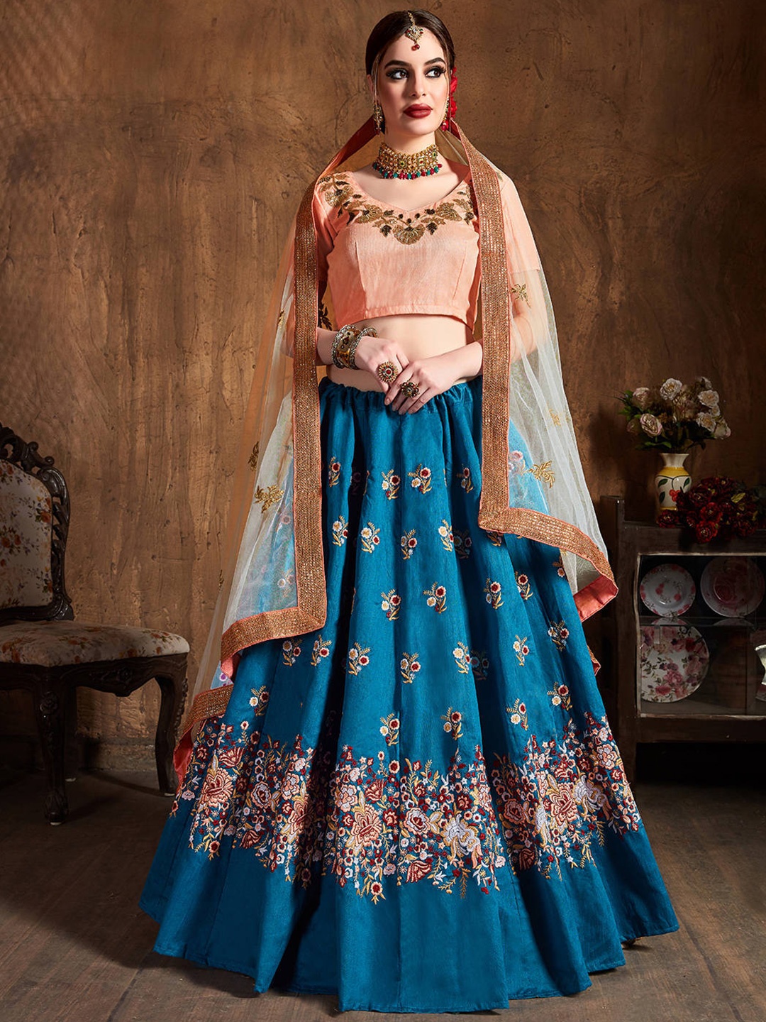 

FABPIXEL Teal & Peach-Coloured Embroidered Thread Work Semi-Stitched Lehenga & Unstitched Blouse With
