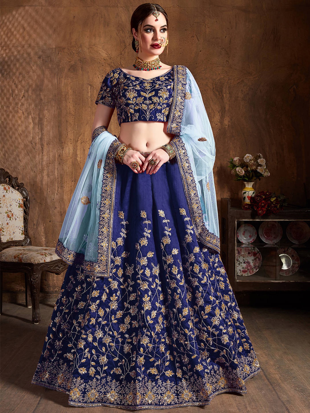 

FABPIXEL Navy Blue & Gold-Toned Embroidered Thread Work Semi-Stitched Lehenga & Unstitched Blouse With