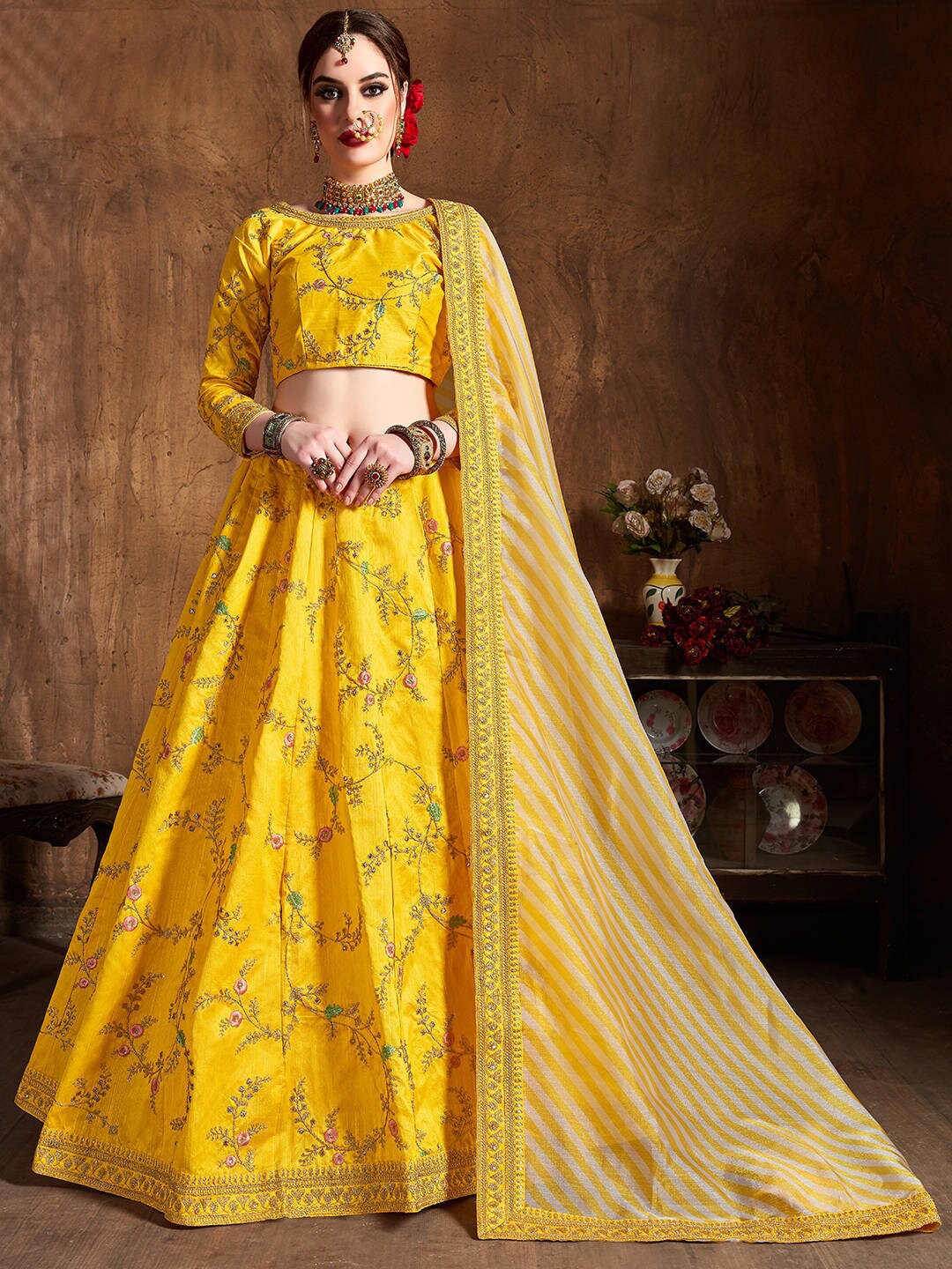 

FABPIXEL Yellow & Gold-Toned Embroidered Thread Work Semi-Stitched Lehenga & Unstitched Blouse With Dupatta
