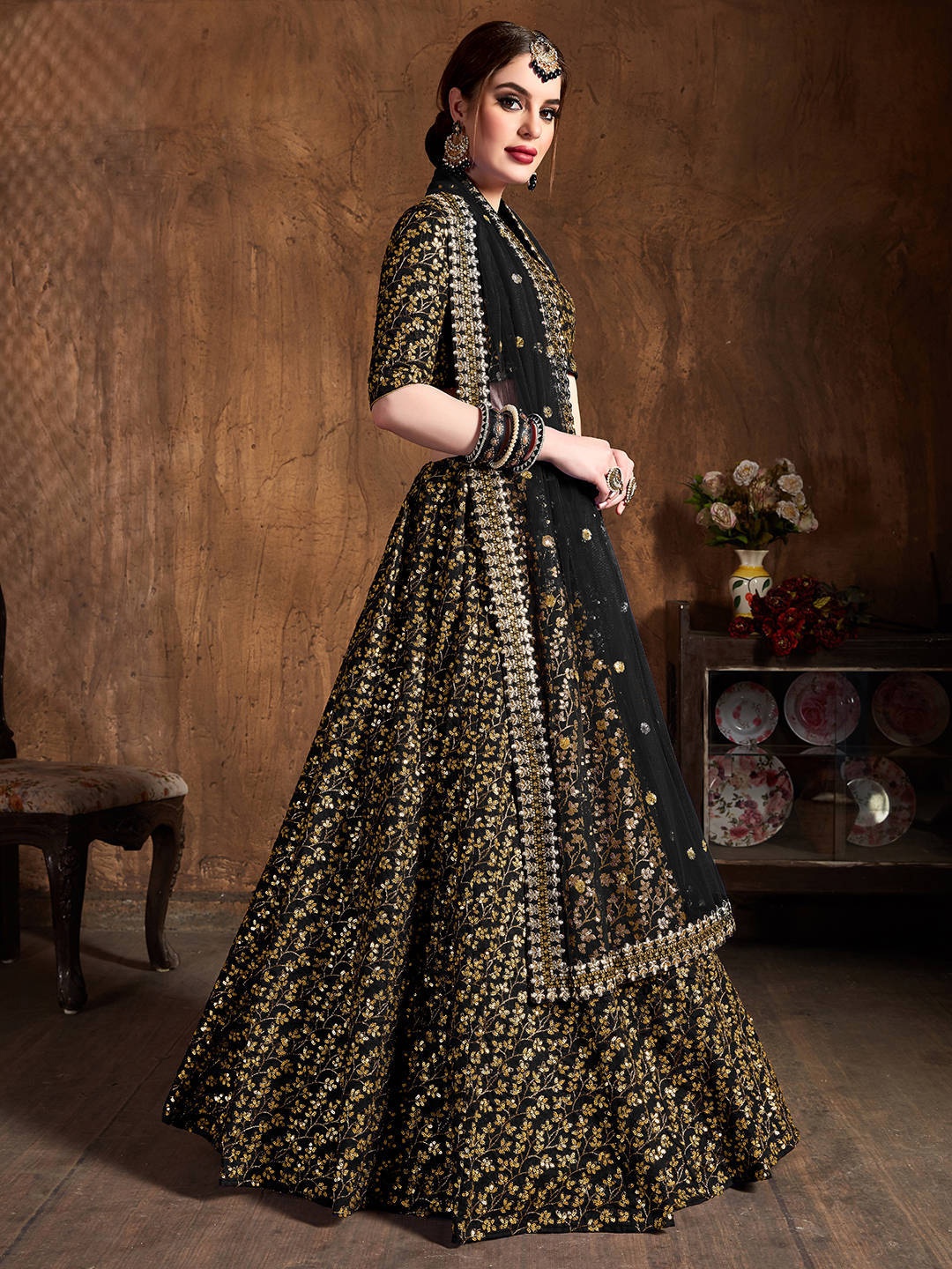 

FABPIXEL Black & Gold-Toned Embroidered Semi-Stitched Lehenga & Unstitched Blouse With Dupatta