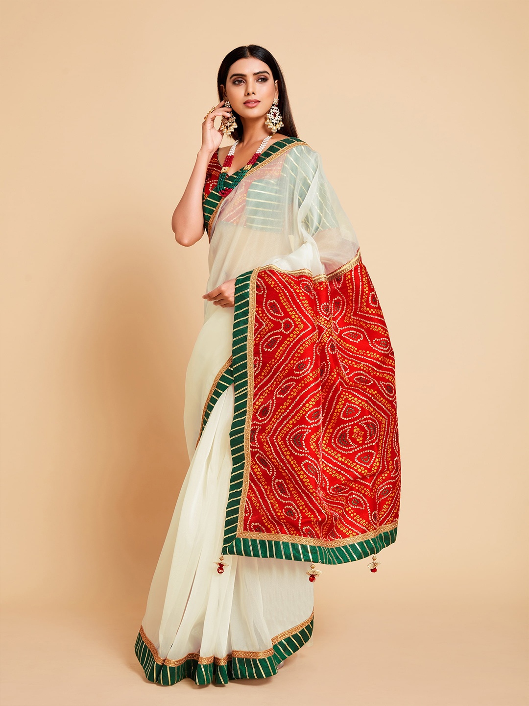 

Sangria Off White & Green Bandhani Beads and Stones Organza Saree
