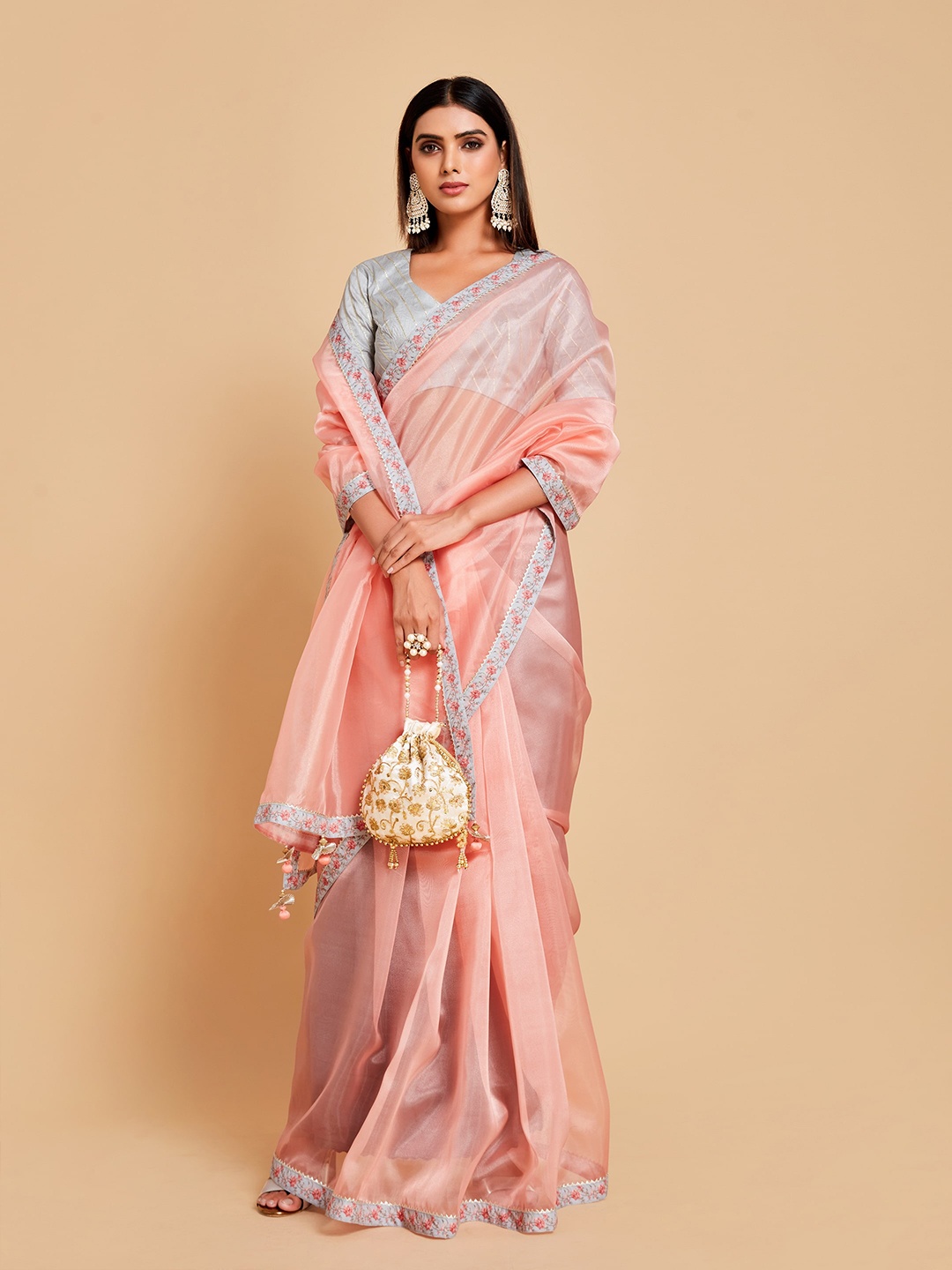 

Sangria Pink & Grey Solid Organza Ready to wear Saree