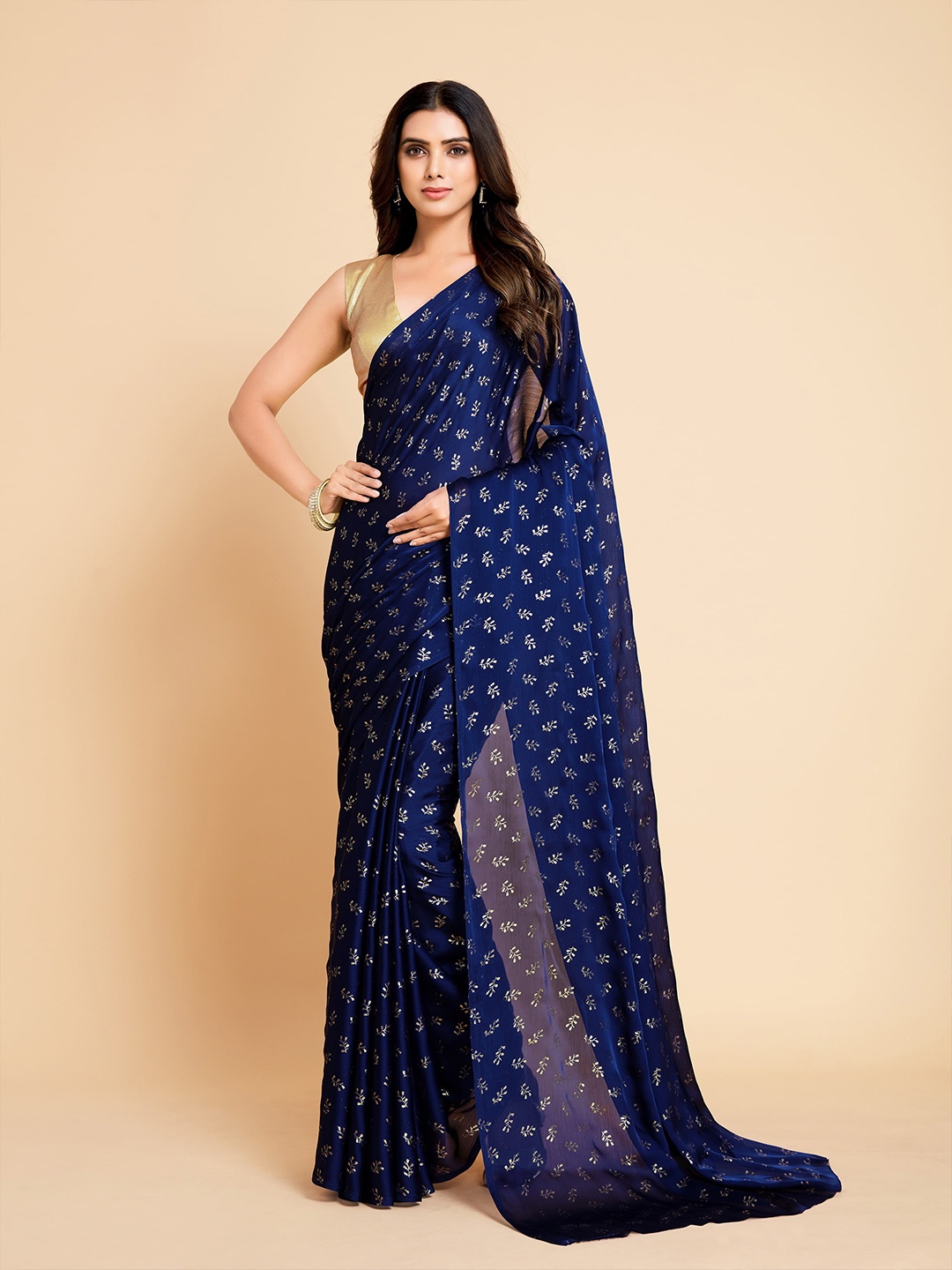 

Sangria Navy Blue & Cream-Coloured Floral Satin Saree