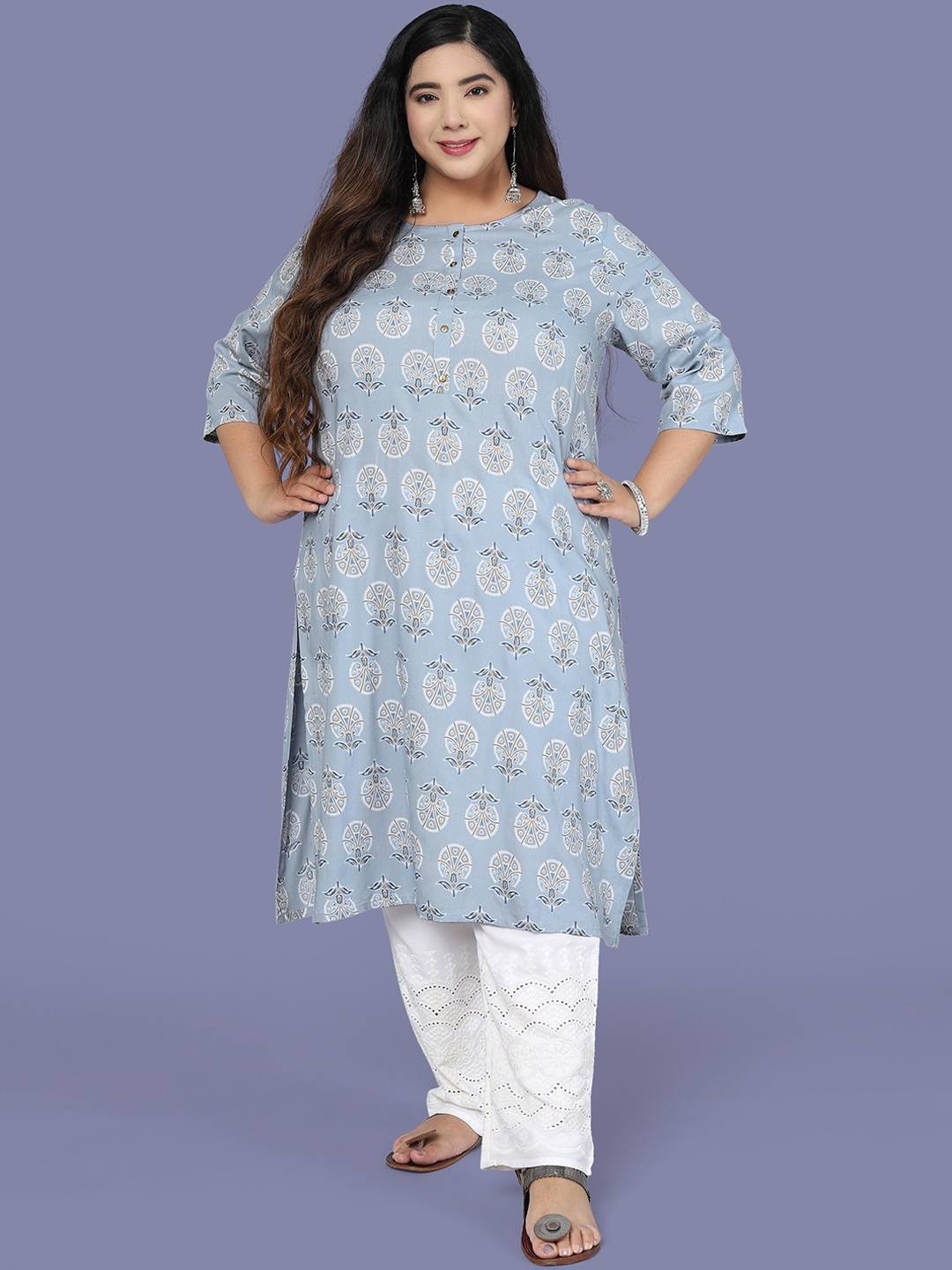 

KALINI Plus Size Women Grey & Blue Floral Printed Block Print Kurta