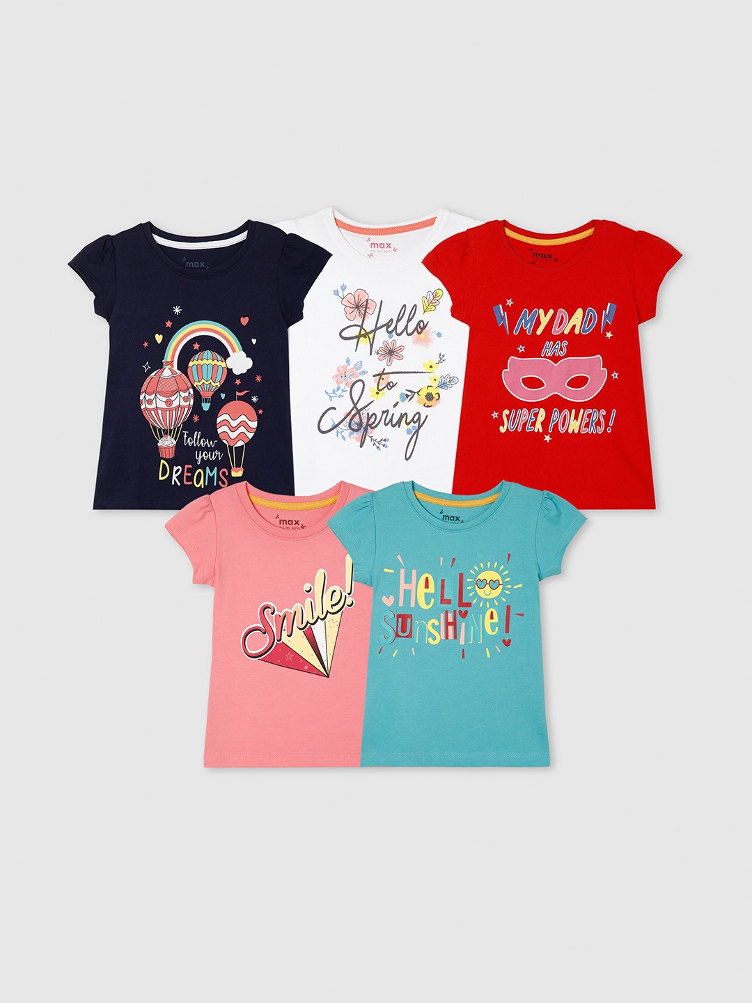 

max Girls Pack Of 5 Printed T-shirt, Multi