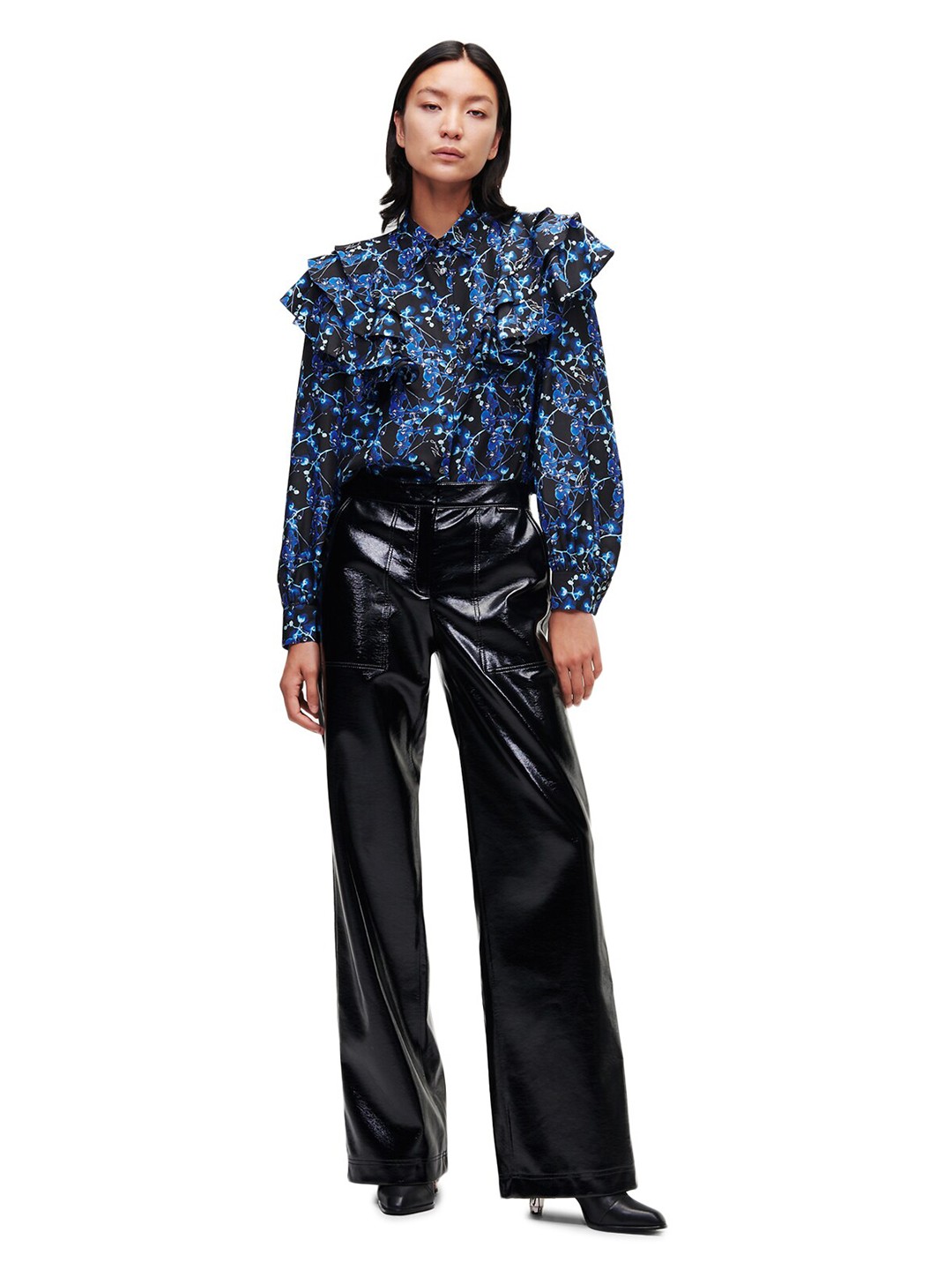 

Karl Lagerfeld Women Blue & Black Floral Print Ruffles Pure Silk Top