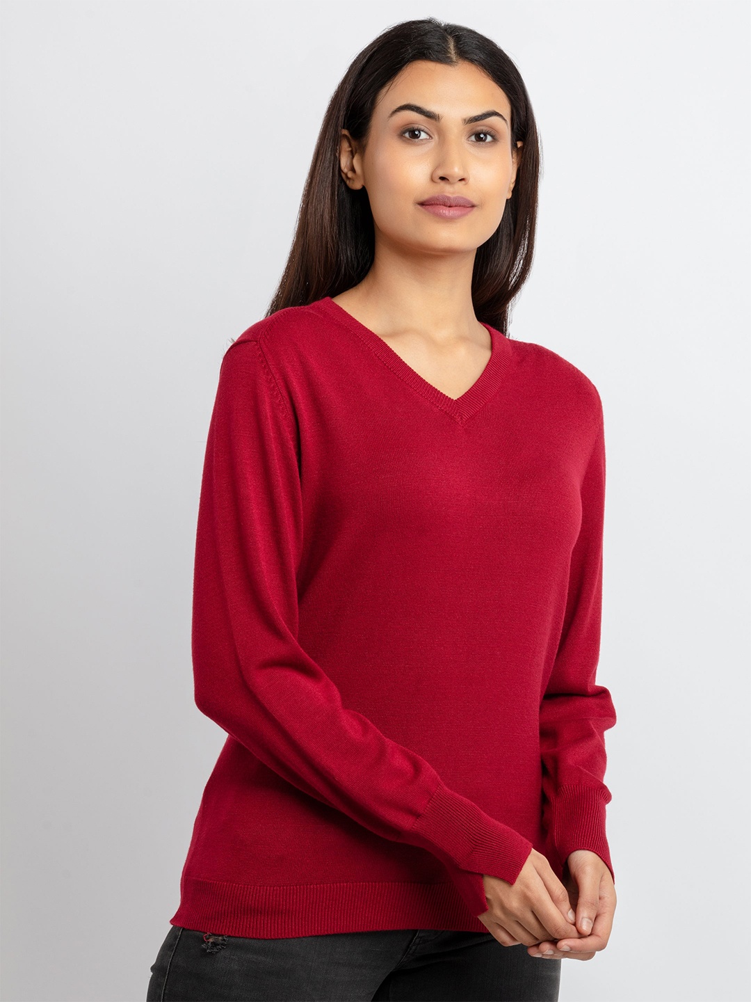 

Status Quo Women Maroon Ribbed Pullover