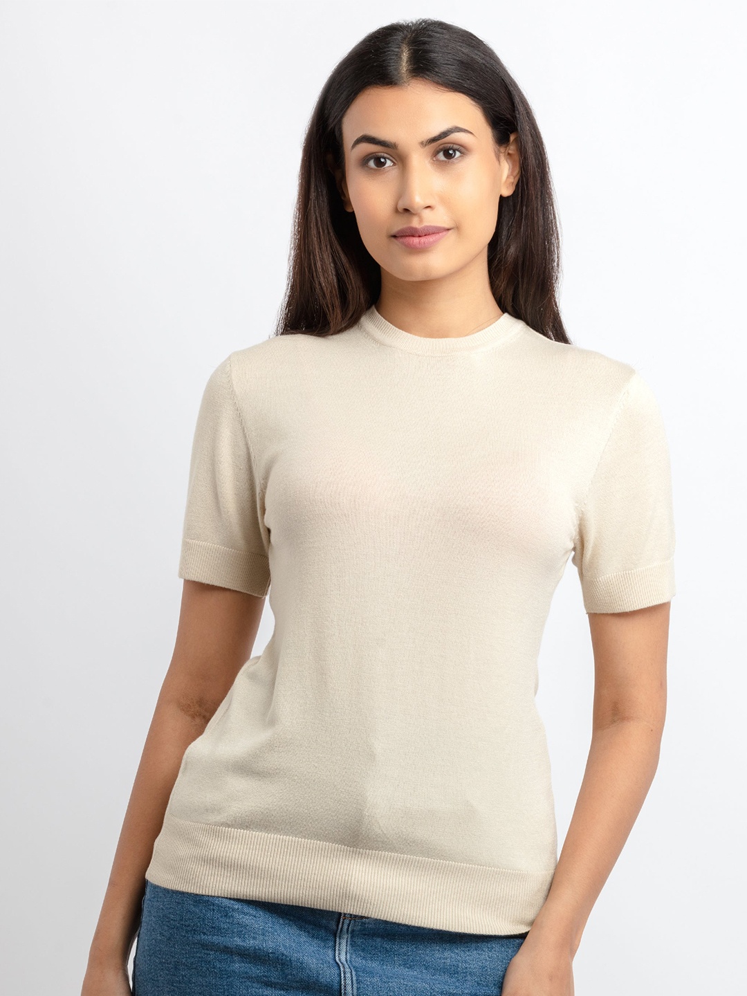 

Status Quo Women Beige Ribbed Pullover