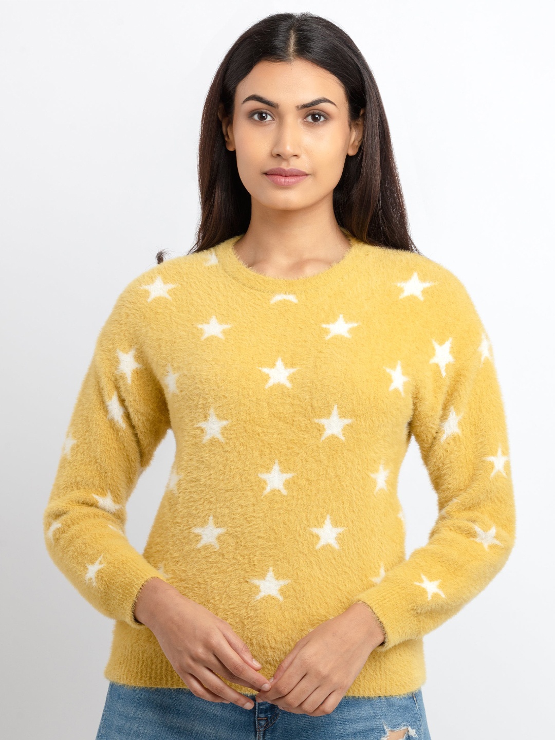 

Status Quo Women Mustard & White Printed Pullover Sweater