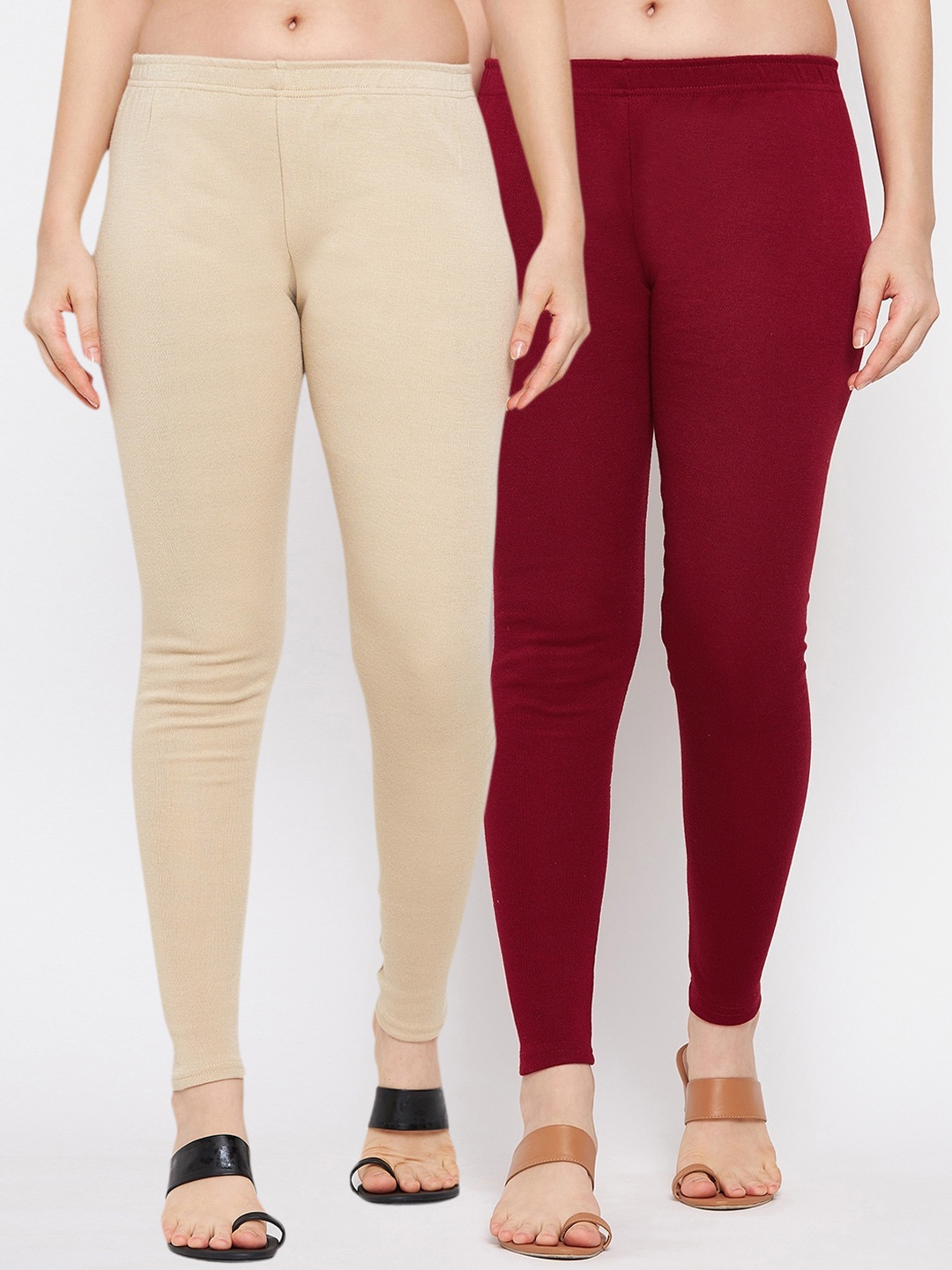 

Clora Creation Women Pack Of 2 Nude & Maroon Solid Ankle-Length Woolen Leggings