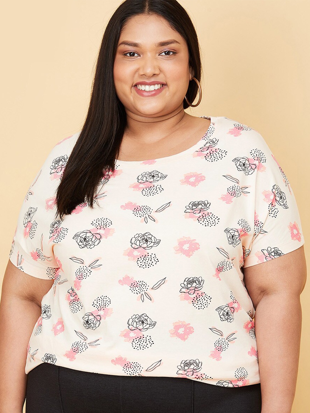 

max Women Plus Size Peach-Coloured Printed T-shirt