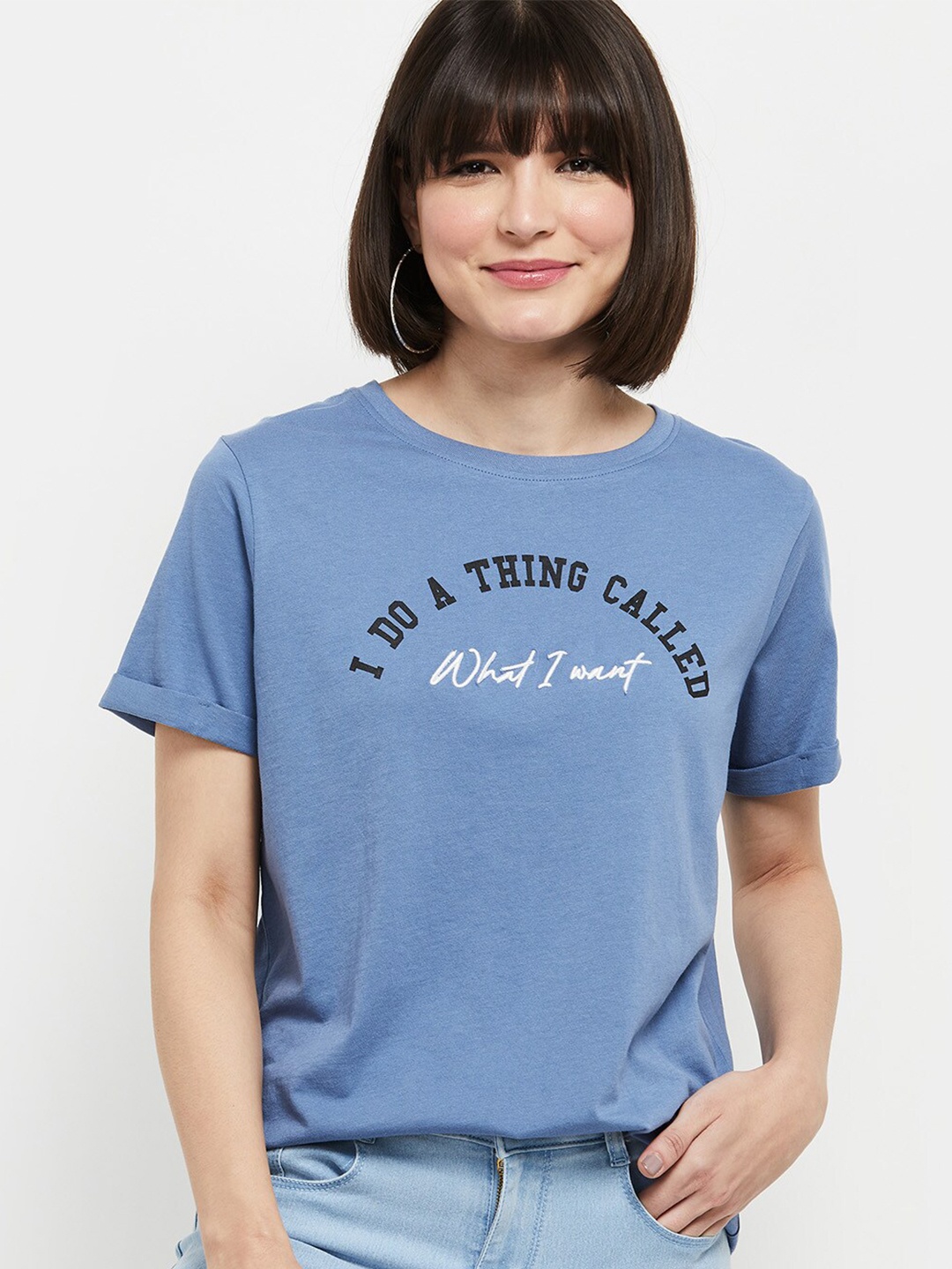 

max Women Blue Typography Printed Round Neck Cotton T-shirt