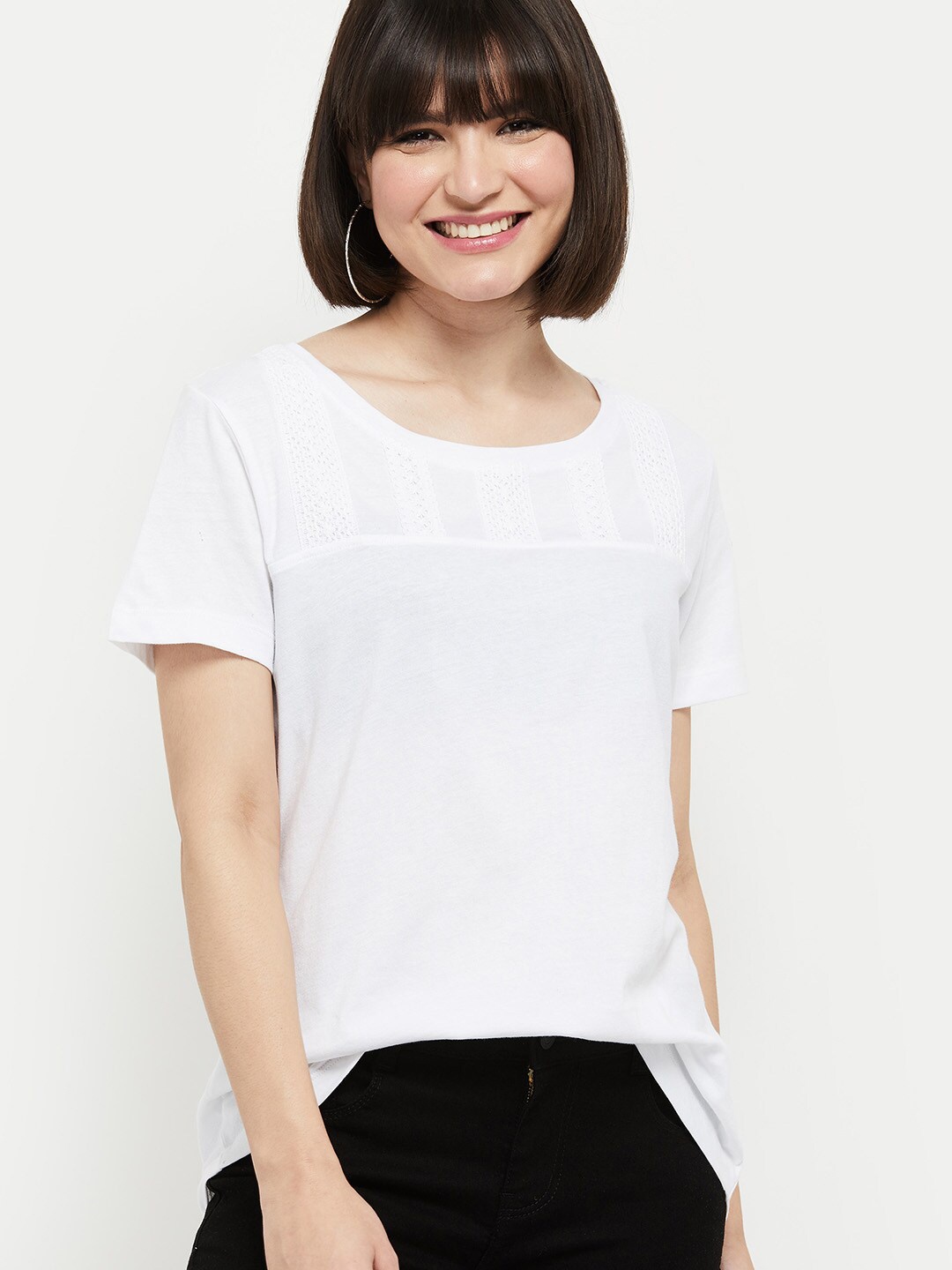 

max Women White Solid Round Neck Cotton T-shirt