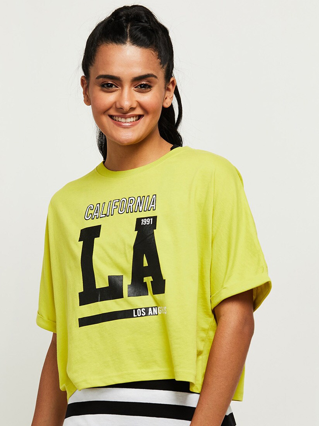 

max Women Lime Green Typography Printed Extended Sleeves T-shirt