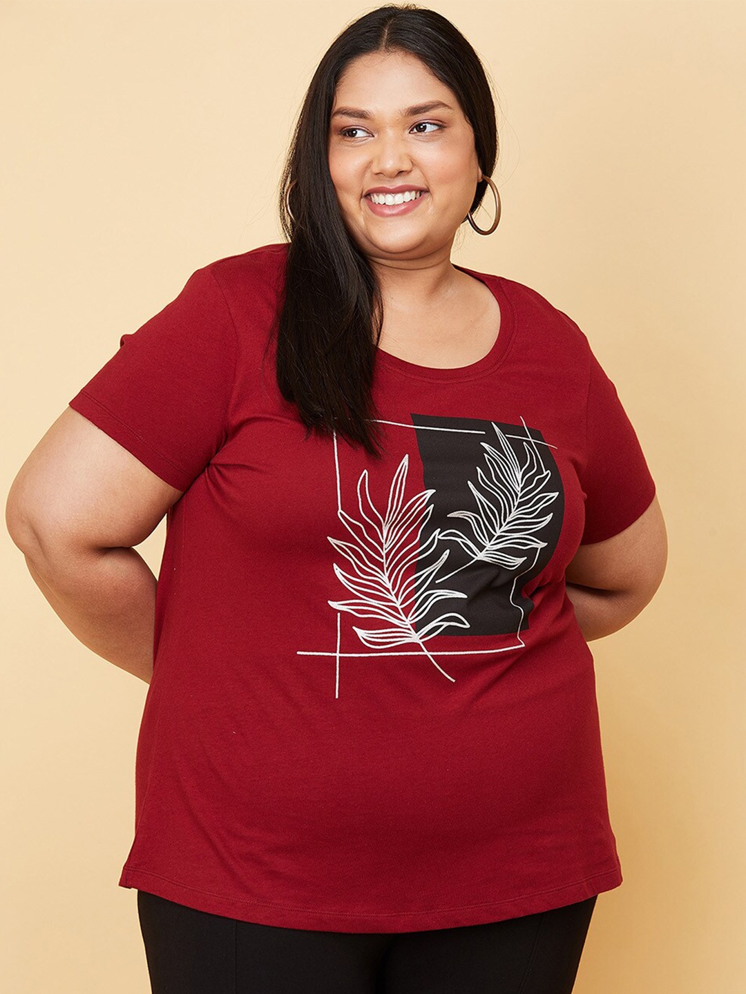 

max Women Plus Size Maroon Printed Round Neck Cotton T-shirt