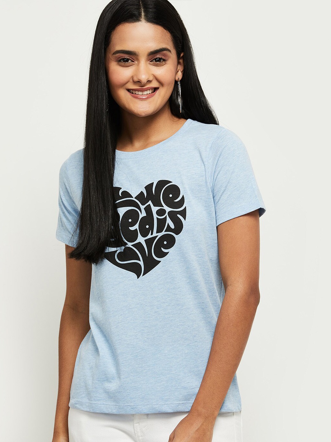 

max Women Blue Typography Printed Round Neck Cotton T-shirt
