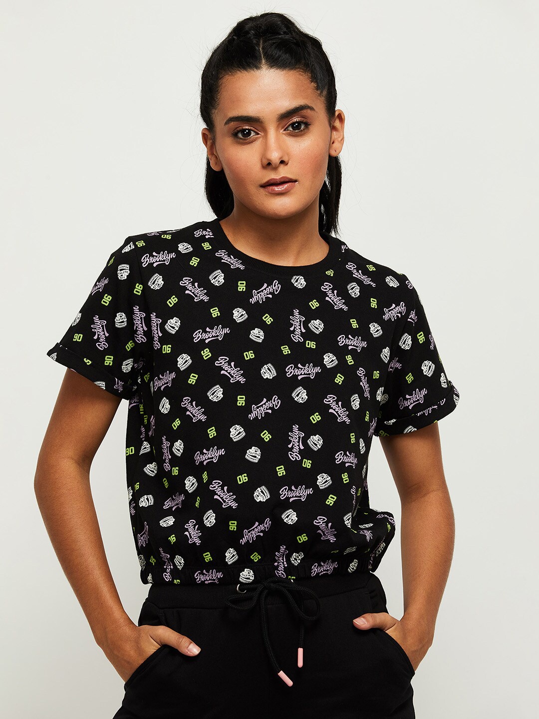 

max Women Black Printed Extended Sleeves Round Neck Cotton T-shirt