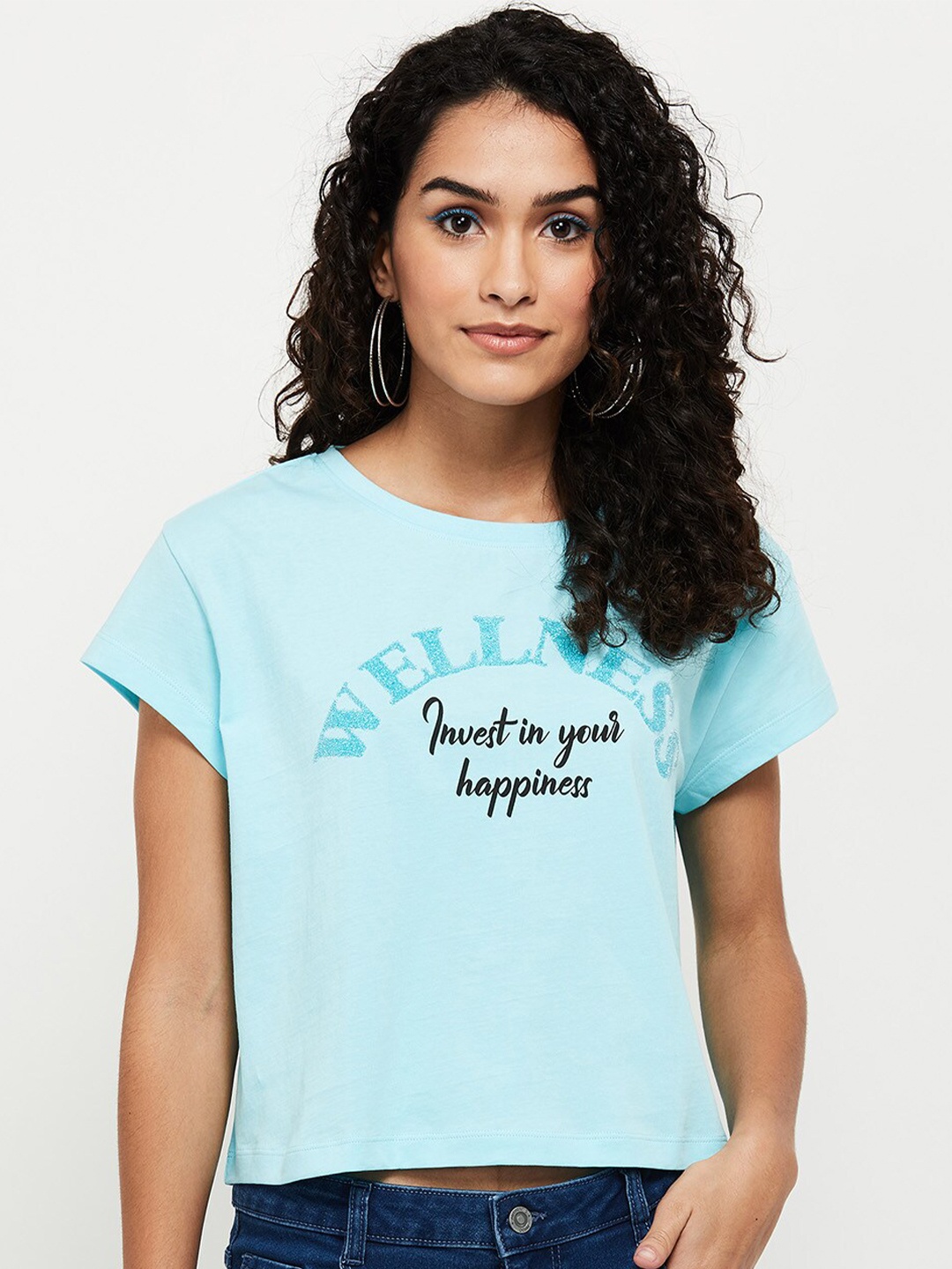 

max Women Blue Typography Printed Extended Sleeves T-shirt