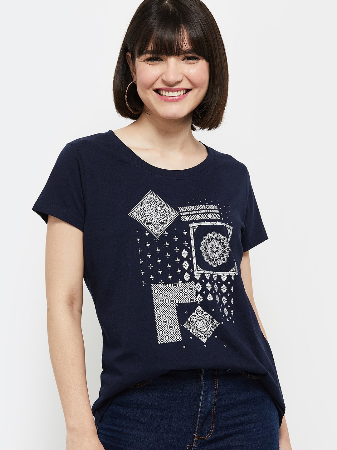 

max Women Navy Blue Printed Round Neck Cotton T-shirt