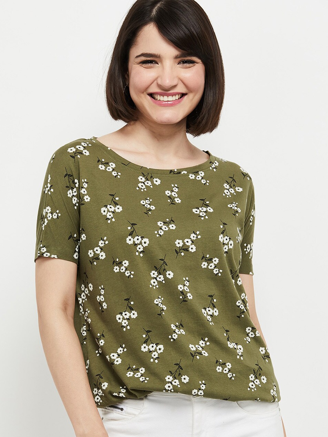 

max Women Green Printed Extended Sleeves Cotton T-shirt