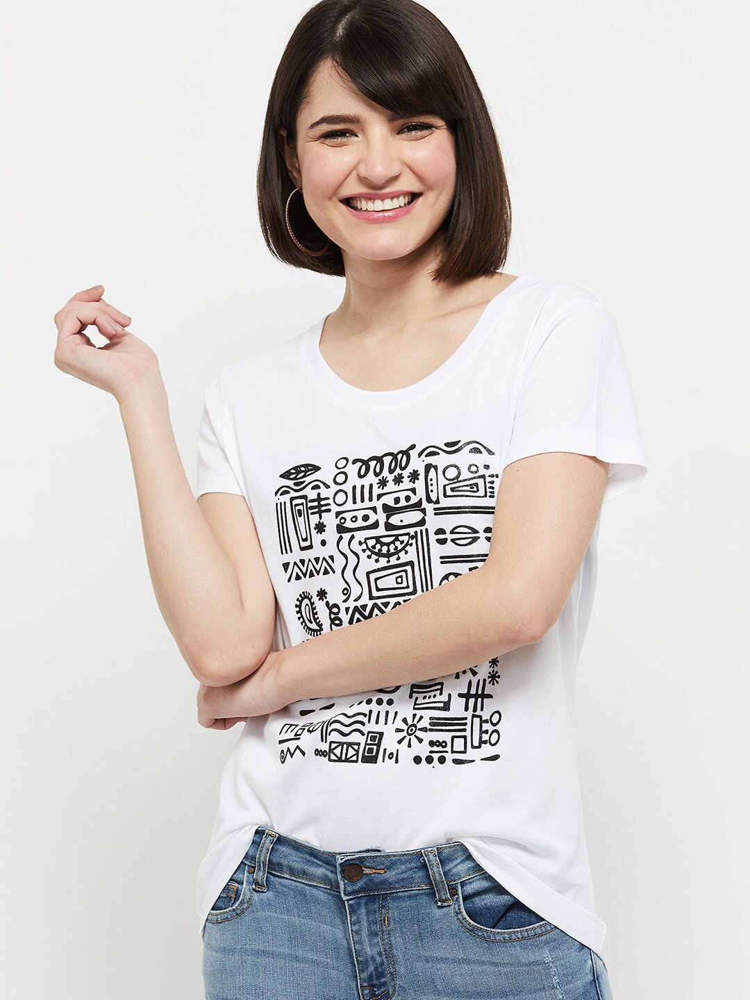 

max Women White Abstract Printed Round Neck Cotton T-shirt