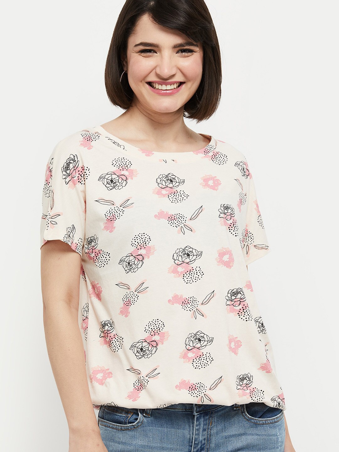 

max Women Peach-Coloured Printed Drop-Shoulder Sleeves Cotton T-shirt