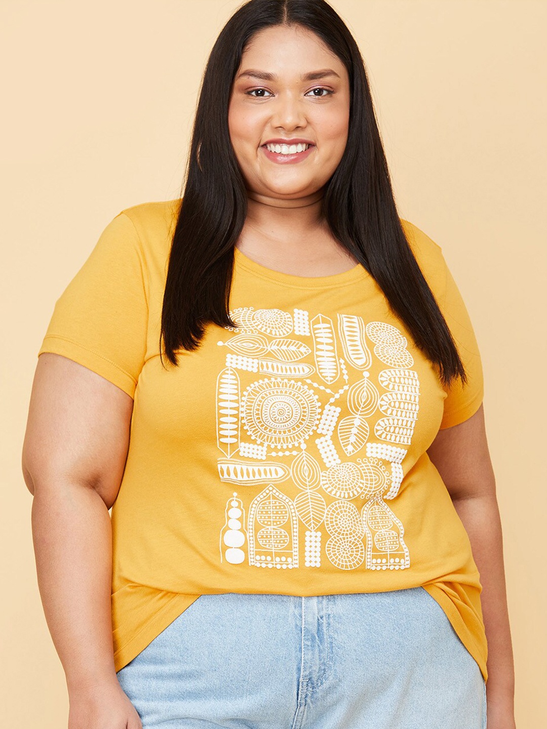 

max Women Plus Size Yellow Printed Round Neck Cotton T-shirt
