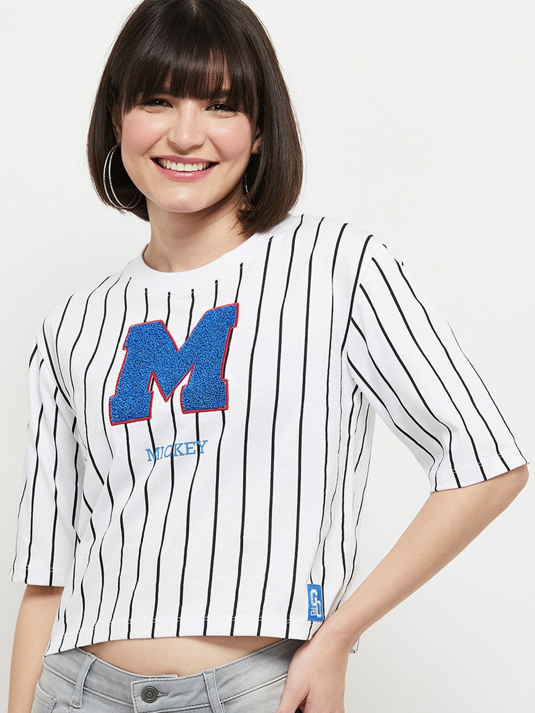 

max Women White & Blue Typography Striped Cotton T-shirt