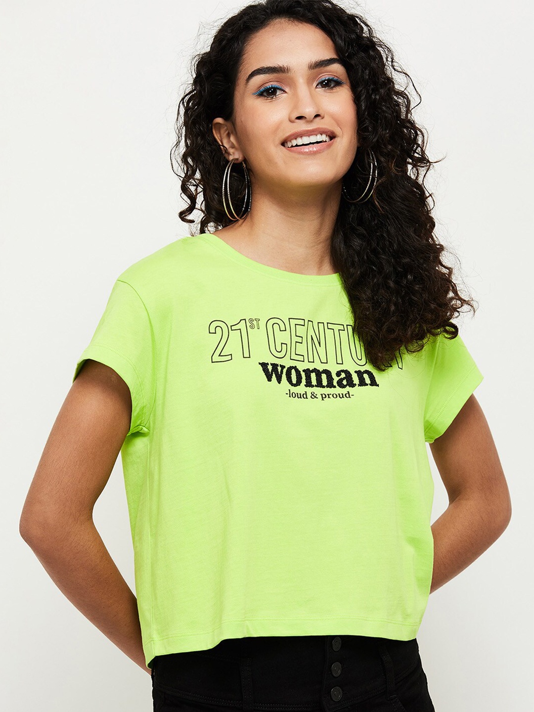 

max Women Lime Green Typography Printed Drop-Shoulder Sleeves Cotton T-shirt