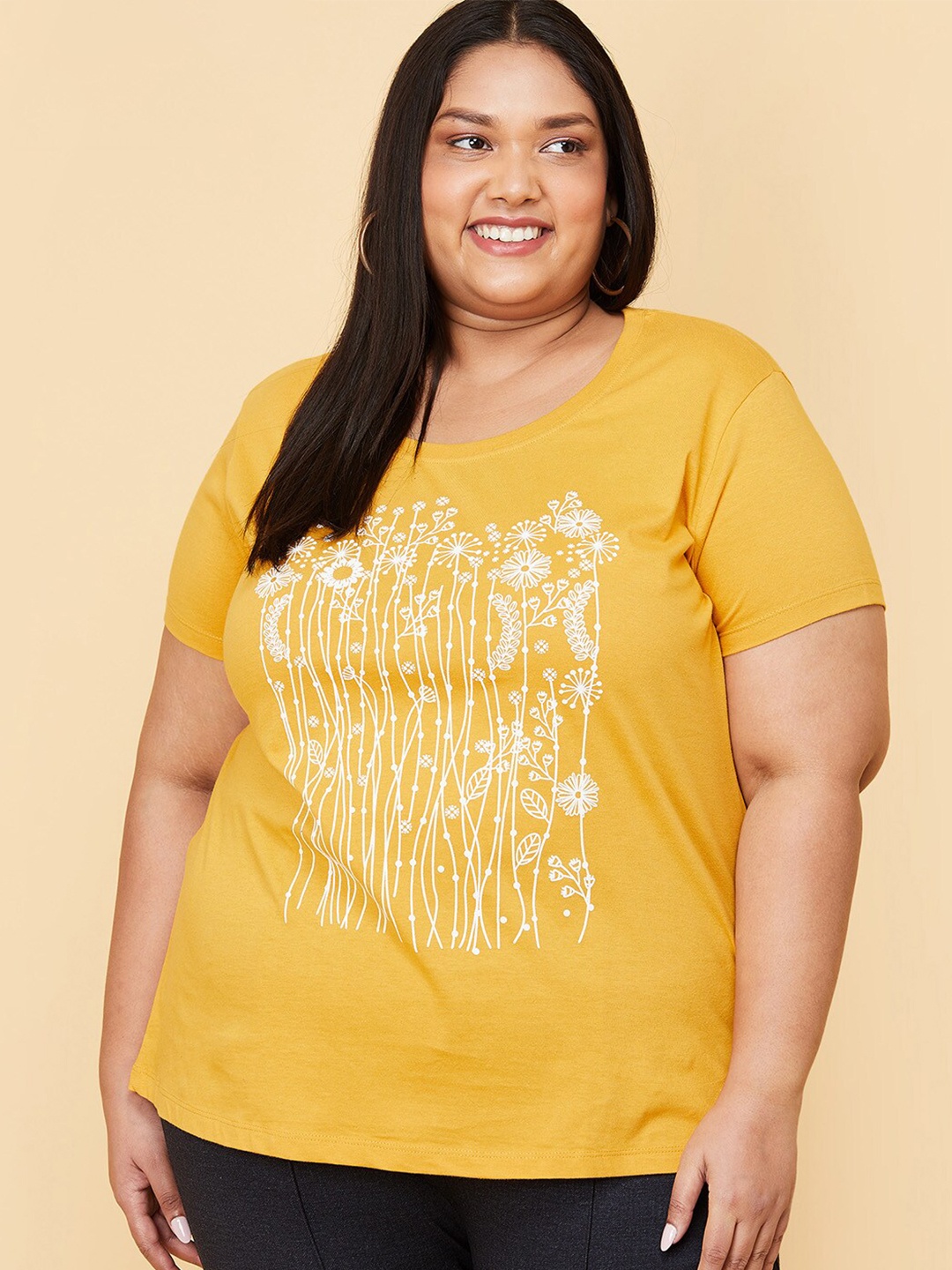 

max Women Plus Size Mustard Yellow Printed Round Neck Cotton T-shirt